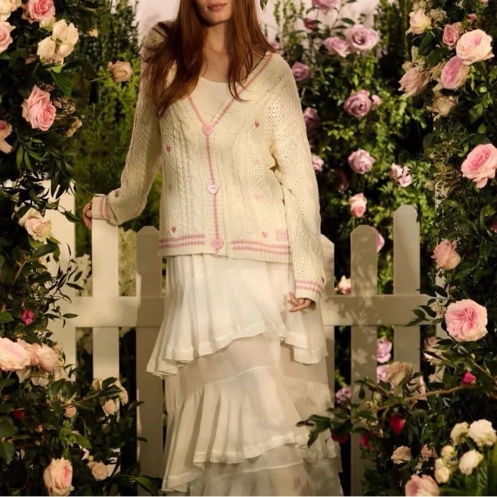 Taylor Swift Lover Heart-Patterned White and Pink Cardigan - Picture 2 of 5